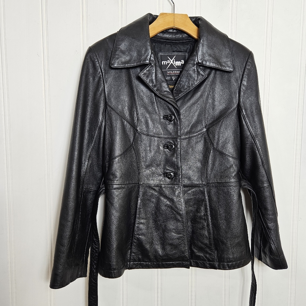 Vintage Wilson Maxima Black Leather Belted Trench Coat Jacket Size S Cinch Waist - Picture 6 of 12